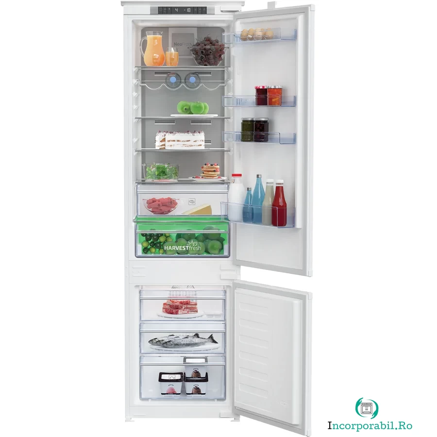 Beko Combina frigorifica incorporabila Beko BCNA306E4SN, 284 l, Neofrost DualCooling, HarvestFresh, Raft sticle, Display touch control, H 193.5 cm, Clasa A++, Alb