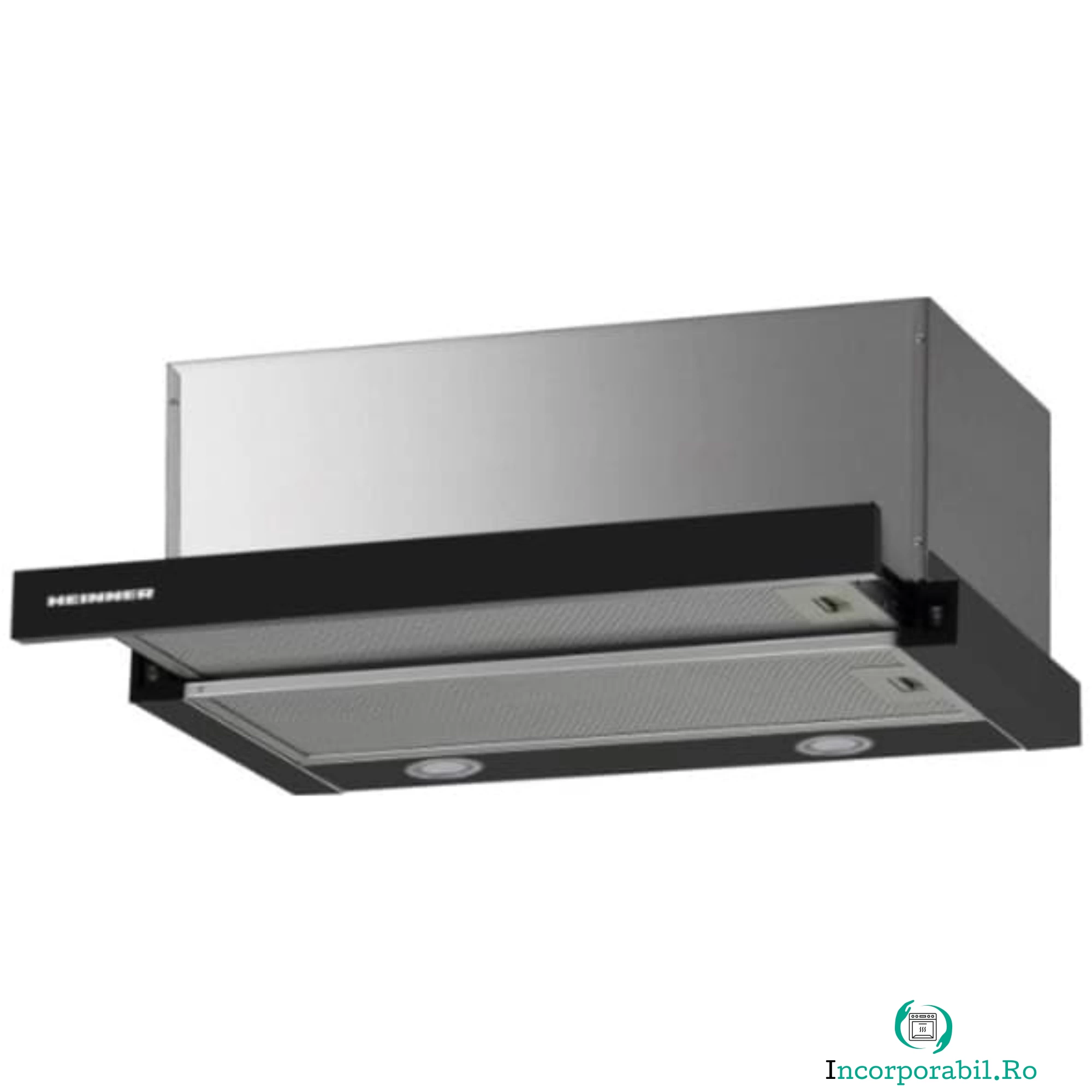 Hota incorporabila telescopica Heinner HTCH-F660GBK, Putere de absorbtie 611.79 m3/h, 1 motor, Iluminare LED, 59.5 cm, Sticla neagra la 469.99 lei ron