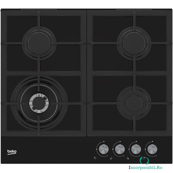 Beko Plita incorporabila Beko HILW64225S, alimentare gaz, 4 zone de gatit, wok, 2 gratare din fonta, 60 cm, negru