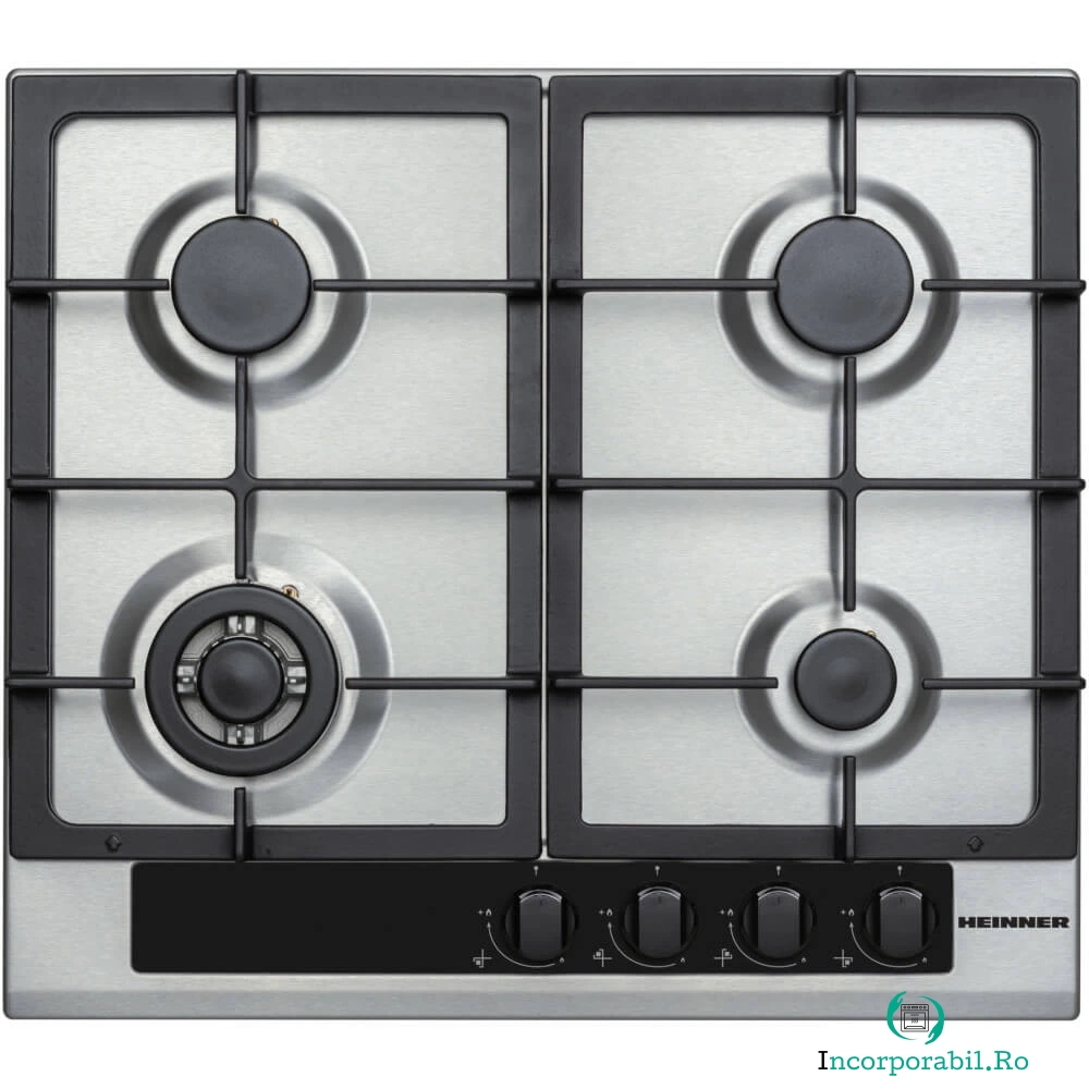 Plita incorporabila Heinner HBH-V4IWFFCIX, 4 arzatoare, Gaz, Aprindere electrica integrata, Arzator wok, Inox