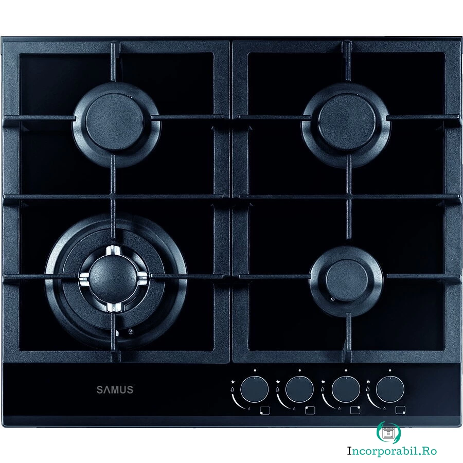 Samus Plita incorporabila Samus PSG-64SG1, 4 arzatoare pe gaz, Sistem de siguranta, Sticla, Gratar fonta, Arzator Wok, Negru