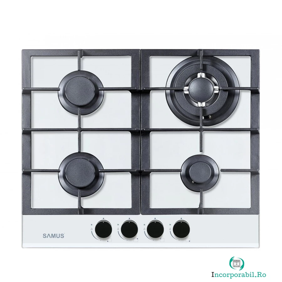 Samus Plita incorporabila Samus PSG-64SG3 White, Gaz, 4 arzatoare, Aprindere electrica, Sticla Alba
