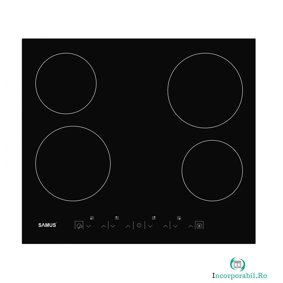 Samus Plita incorporabila vitroceramica Samus PSVE-64BG3, 4 arzatoare, 60cm, Touch Control, timer, blocare acces copii, negru