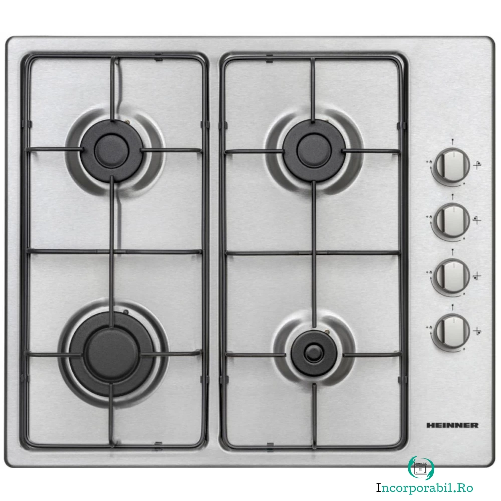 Plita incorporabila Heinner HBH-V4IEIX, 4 arzatoare gaz, Aprindere electrica, Dispozitiv de siguranta, Gratar emailat, Inox