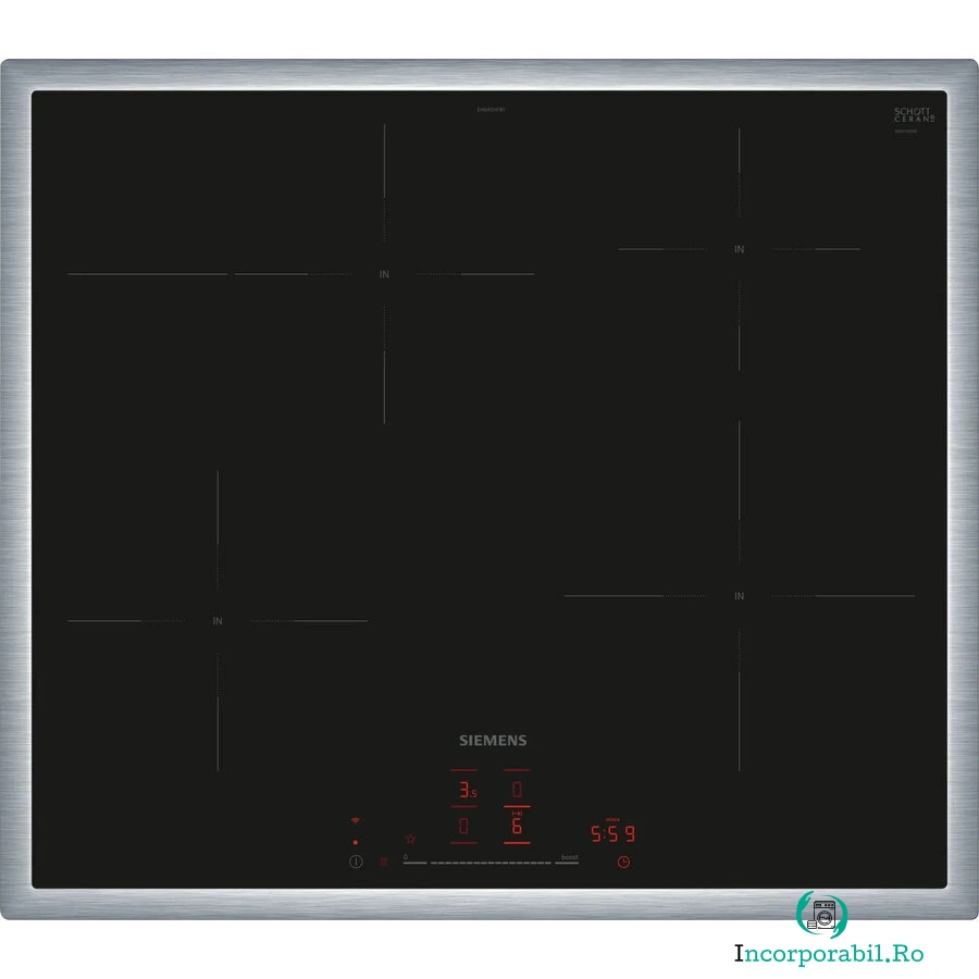 SIEMENS Plita incorporabila cu inductie Siemens EH645HFB1E, iQ300, cu cadru, 4 zone de gatit, 17 niveluri de putere, 60 cm, Home Connect, Negru-Inox