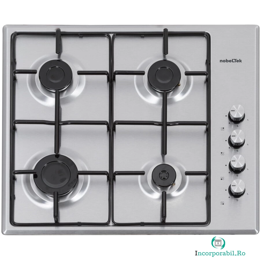 NobeLTek Plita incorporabila Nobeltek NHBG-6400IX, Gaz, 4 arzatoare, Aprindere electrica, Gratar emailat, Inox