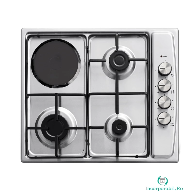 Plita incorporabila Zilan ZLN-1918 GPL si Gaz natural 58x50 cm, 3 ochiuri, 1 ochi electric, duze de schimb incluse, aprindere electrica, Inox