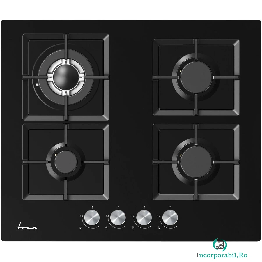 Fram Plita incorporabila Fram FBH-M4IWF-GBK, Gaz, 4 arzatoare, Gratar fonta, Wok, Aprindere electrica, Dispozitiv de siguranta, 60 cm, Sticla neagra