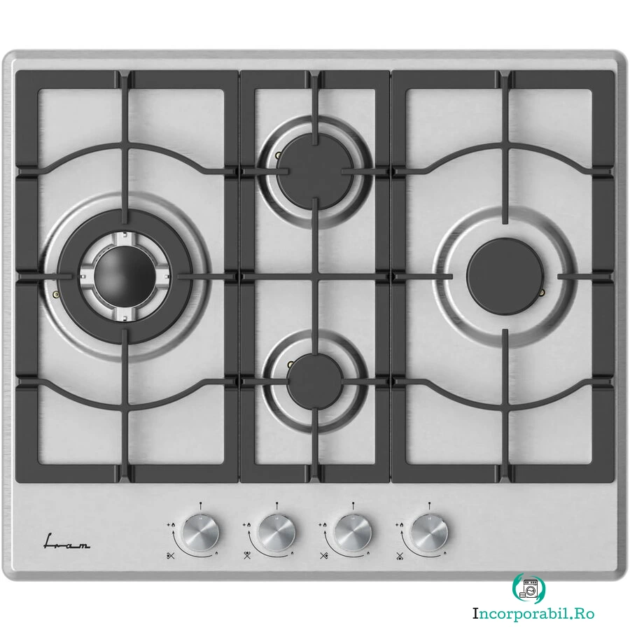 Fram Plita incorporabila Fram FBH-M4IWF-SS, Gaz, 4 arzatoare, Gratar fonta, Wok, Aprindere electrica, Dispozitiv de siguranta, 60 cm, Inox