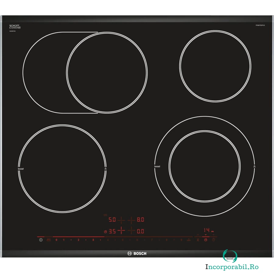 BOSCH Plita incorporabila Bosch PKN675DP1D, Electrica, Vitroceramica radianta, 4 zone de gatit, DirectSelect Premium, Roaster Zone, PowerBoost, 60 cm, Negru