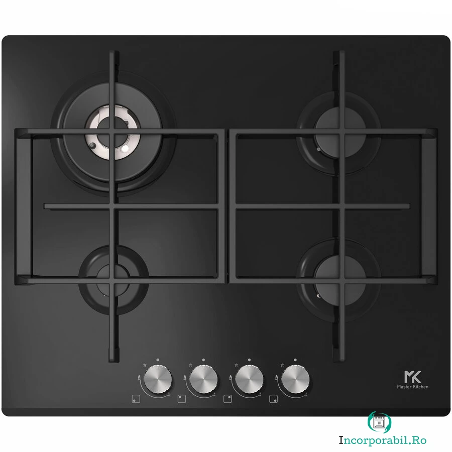 Master Kitchen Plita incorporabila Master Kitchen MKHG 6031ED-TCBK, Gaz, 4 arzatoare, Gratare fonta, Arzator wok, Aprindere electrica integrata, Siguranta arzatoare, 60 cm, Sticla neagra