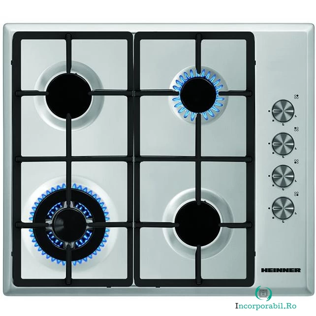 HEINNER Plita incorporabila Heinner HBH-S584WI-IX, Gaz, 4 Arzatoare, Aprindere electrica, Gratar fonta, WOK, Inox