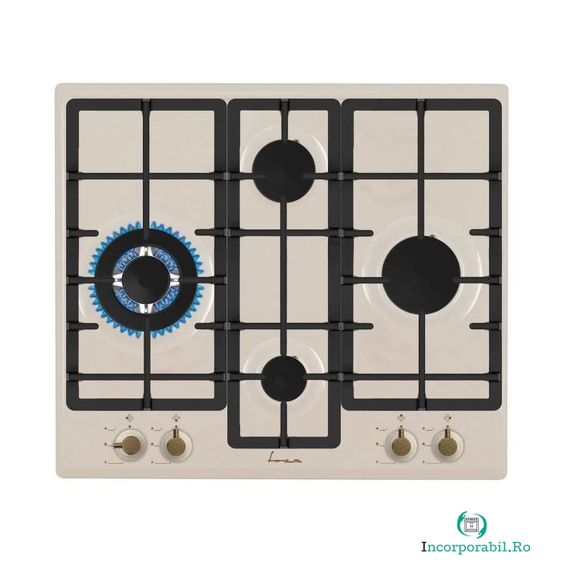 Plita incorporabila Fram FBH-S4IWF-RBG, Gaz, 4 arzatoare, Wok, Aprindere electrica, Gratar fonta, Duze GPL incluse, 60 cm, Bej