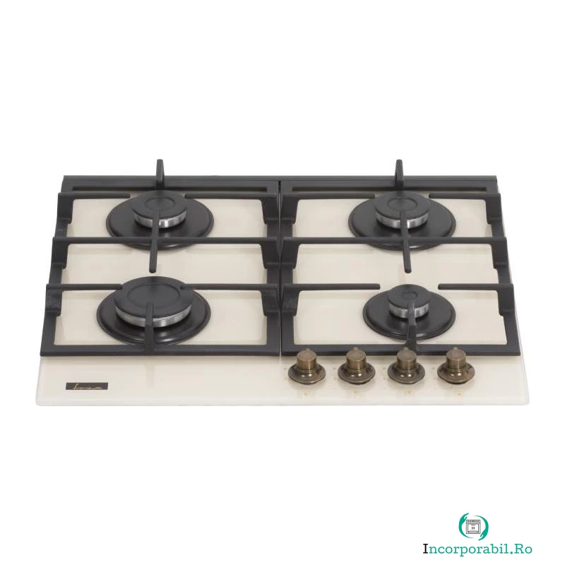 Plita incorporabila Fram FBH-S4IWF-GRBG, Gaz, 4 arzatoare, Aprindere electrica, Gratar fonta, Duze GPL incluse, 60 cm, Sticla bej