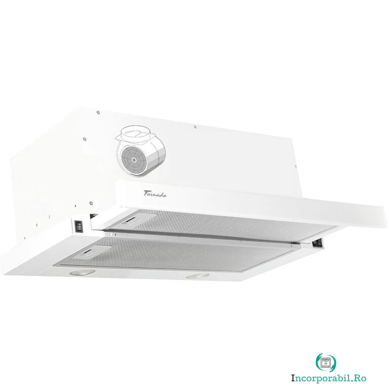 Tornado Hota Telescopica Incorporabila Tornado Storm 1200 (60), 1 motor, latime 60 cm, 3 viteze, absorbtie 1200 m3/ora, Alb la 684.99 lei ron