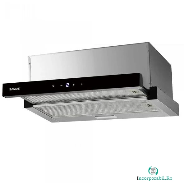 Samus Hota incorporabila Samus HS6061DTGX, 200 W, Control electronic tactil, 3 trepte, parte frontala din sticla neagra, 611 mc/h, Inox la 395.00 lei ron