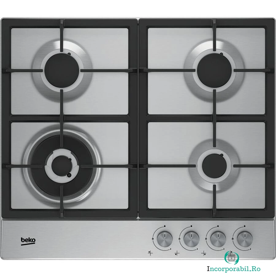 Beko Plita incorporabila Beko HIAW64225SX, gaz, 4 arzatoare, gratar fonta, arzator wok, inox