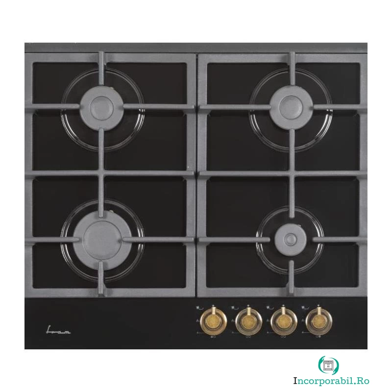 Plita incorporabila Fram FBH-S4IWF-GRBK, Gaz, 4 arzatoare, Aprindere electrica, Gratar fonta, Duze GPL incluse, 60 cm, Sticla neagra