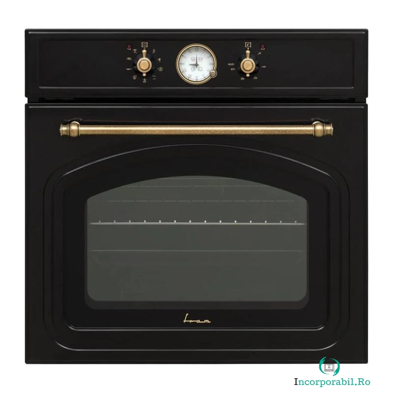 Cuptor incorporabil Fram FBO-V659GCA-RBK, Electric, 65 l, Clasa A, Timer Analog, Grill, Iluminare, Design rustic, Negru