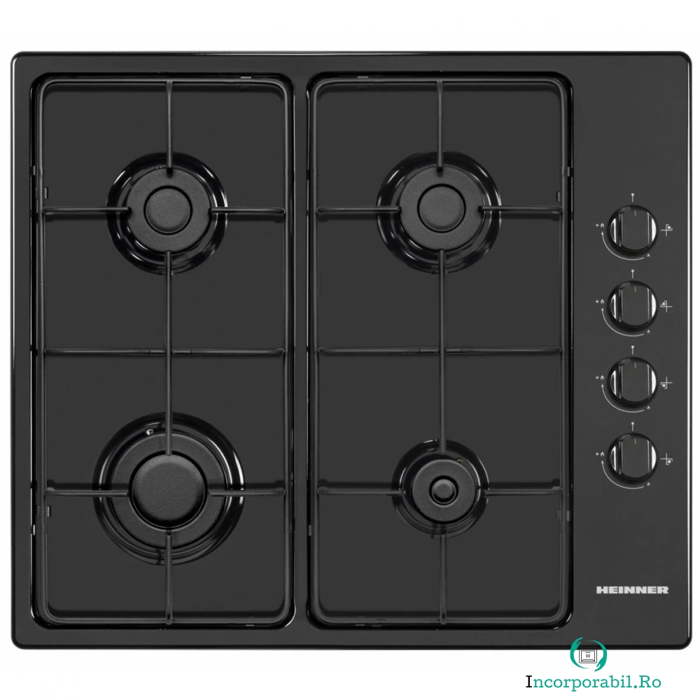 Plita incorporabila Heinner HBH-V4IEBK, 4 arzatoare gaz, Aprindere electrica, Dispozitiv de siguranta, Gratar emailat, Negru